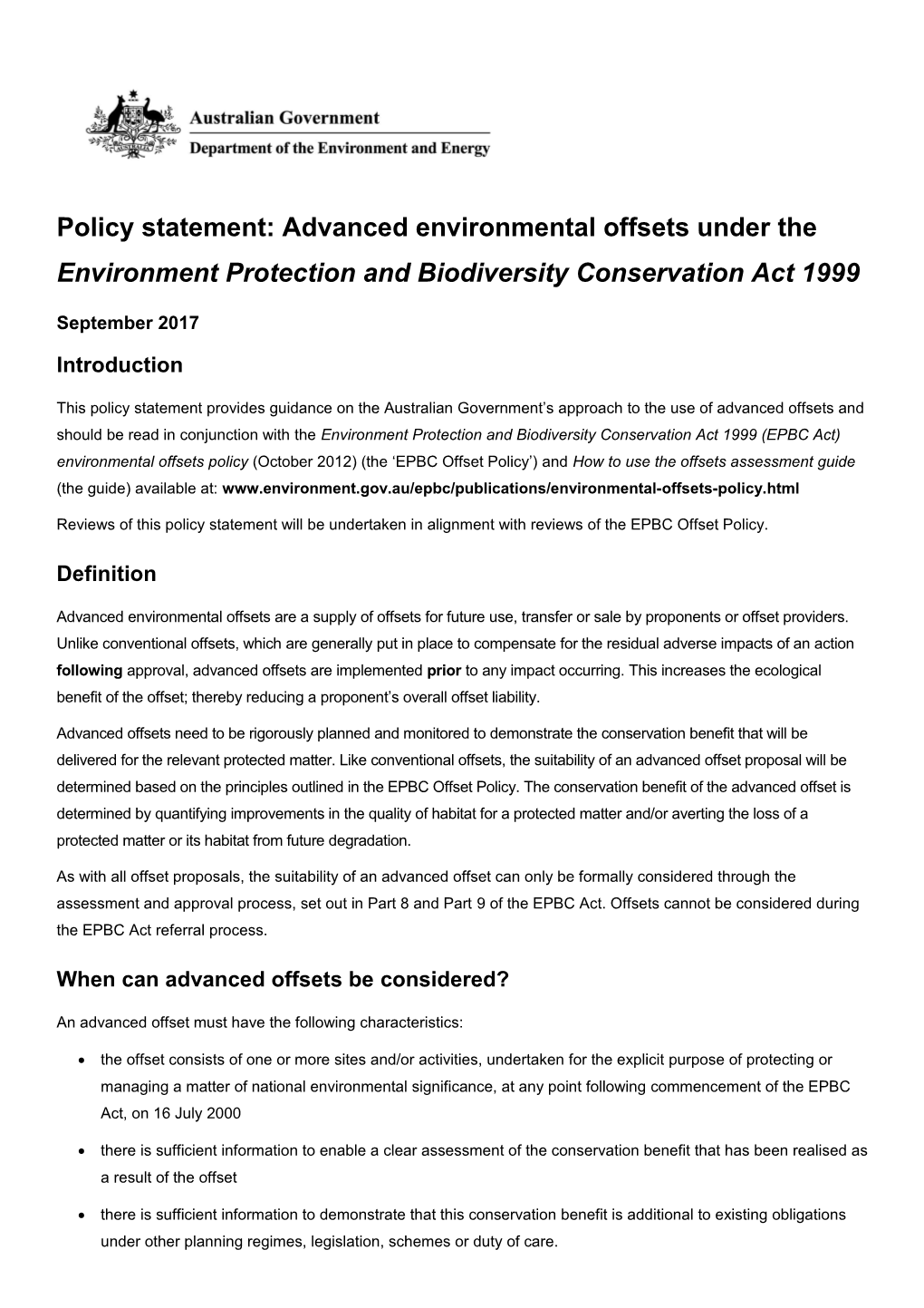 Policy Statement: Advanced Environmental Offsets Under the Environment Protection And