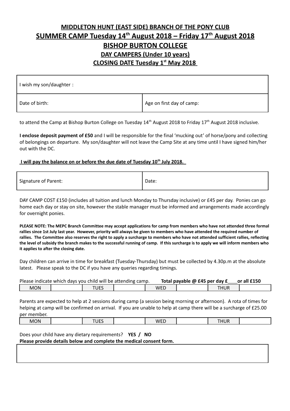 APPLICATION FORM - DAY CAMPERS (Under 10Yrs)