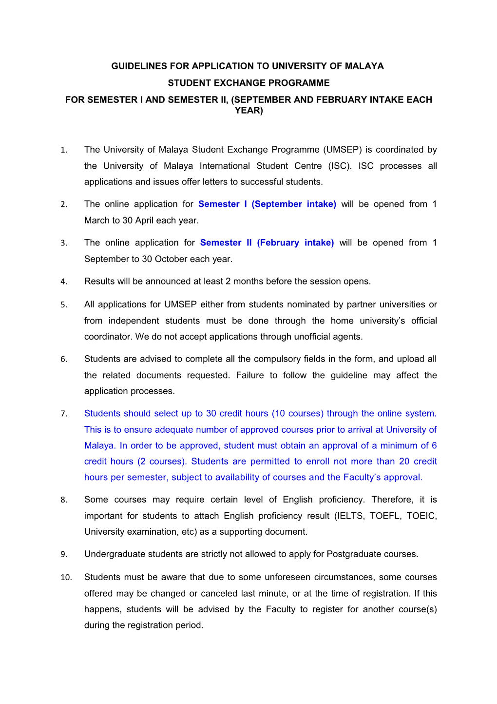 Guidelines for Application to University of Malaya