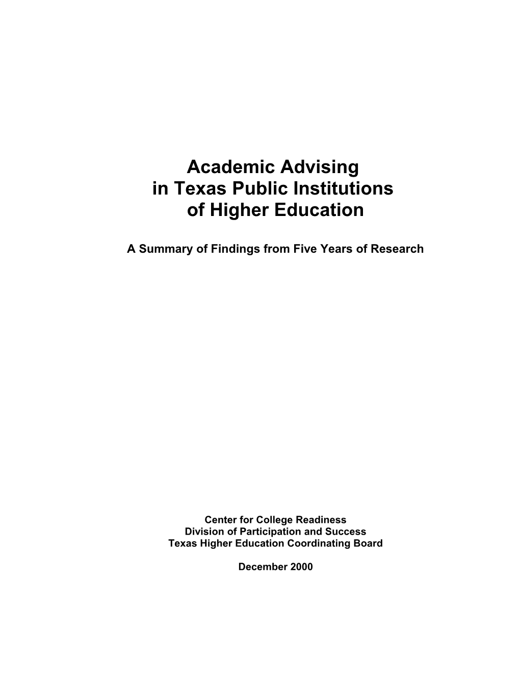 Academic Advising in Texas Public Institution of Higher Education