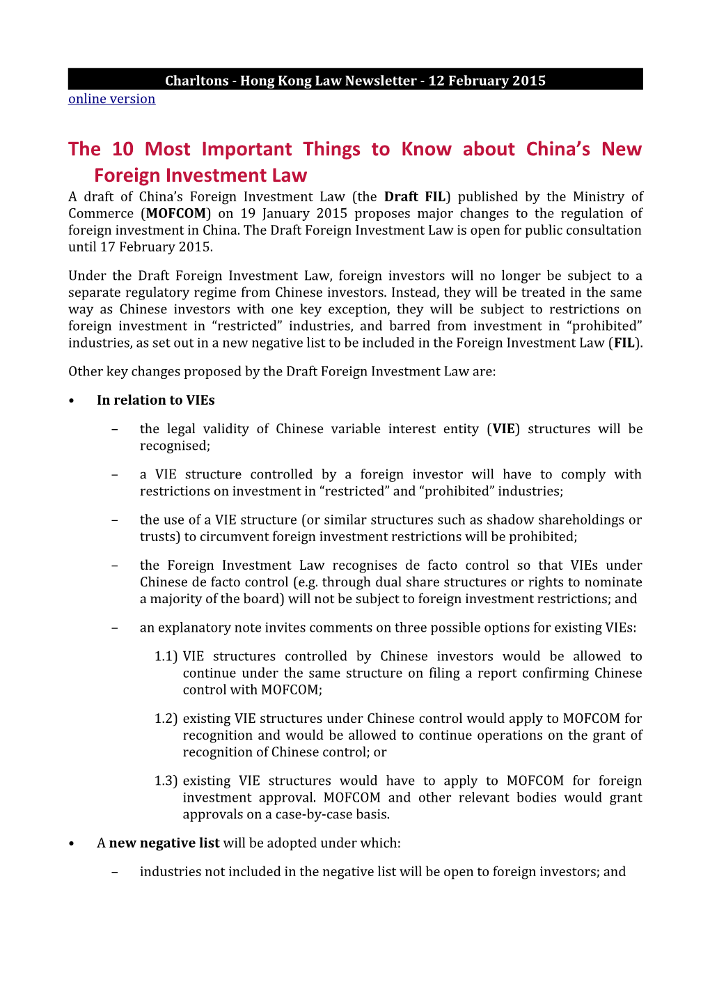 Charltons - Hong Kong Law Newsletter - 12 February 2015