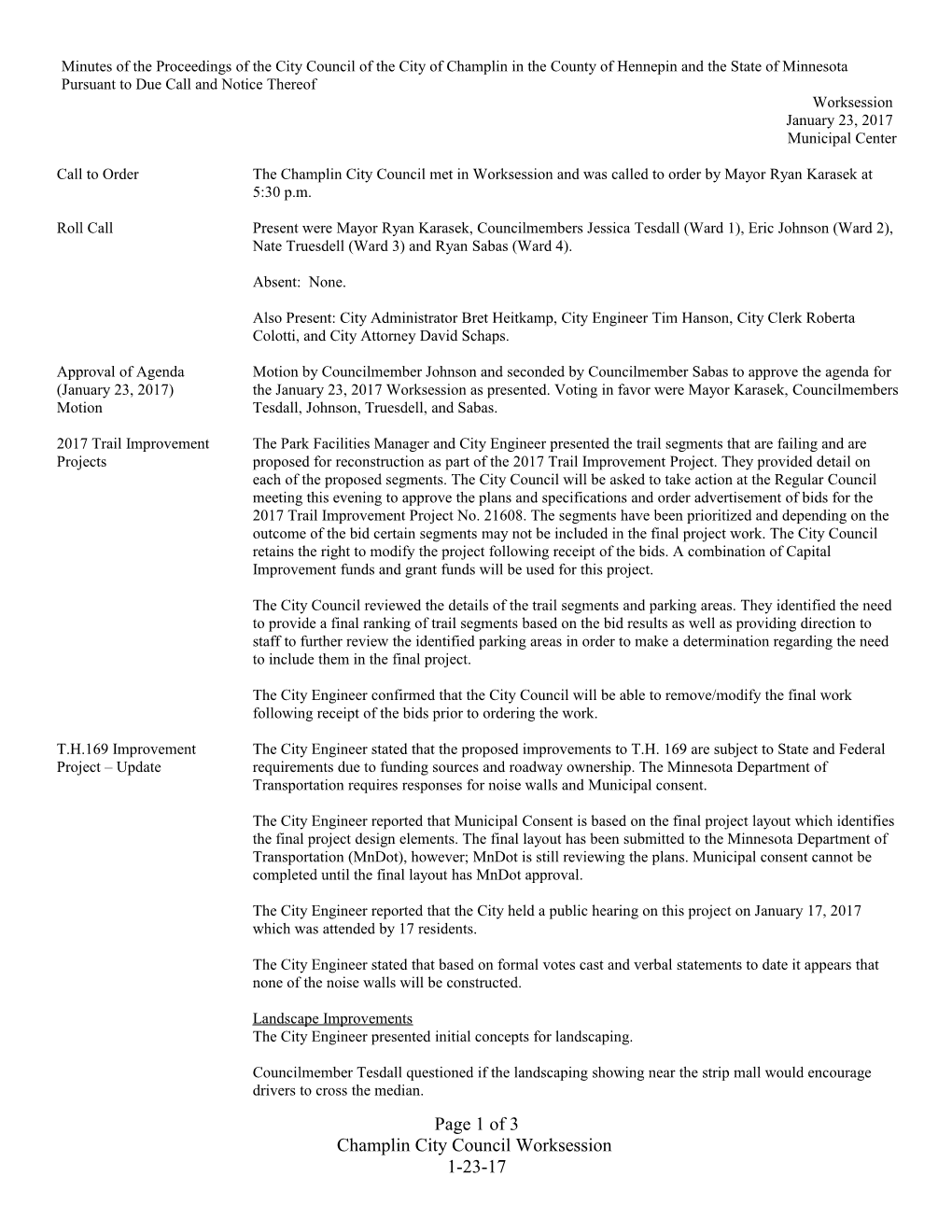 Minutes of the Proceedings of the City Council of the City of Champlin in the County Of s1