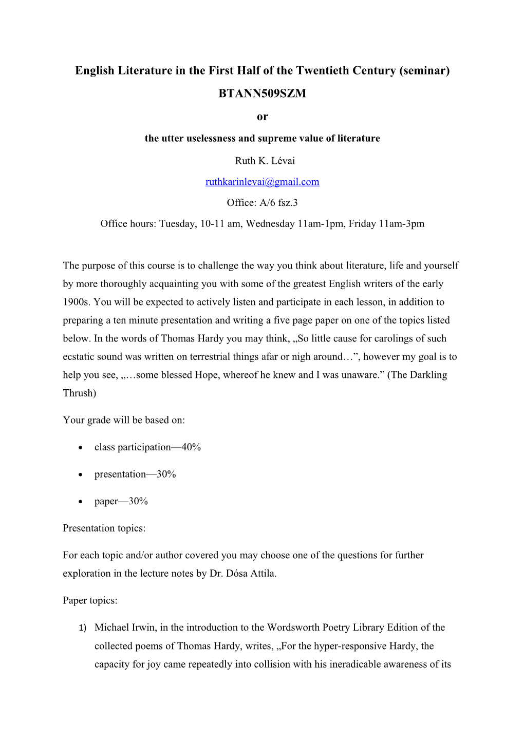 English Literature in the First Half of the Twentieth Century (Seminar)