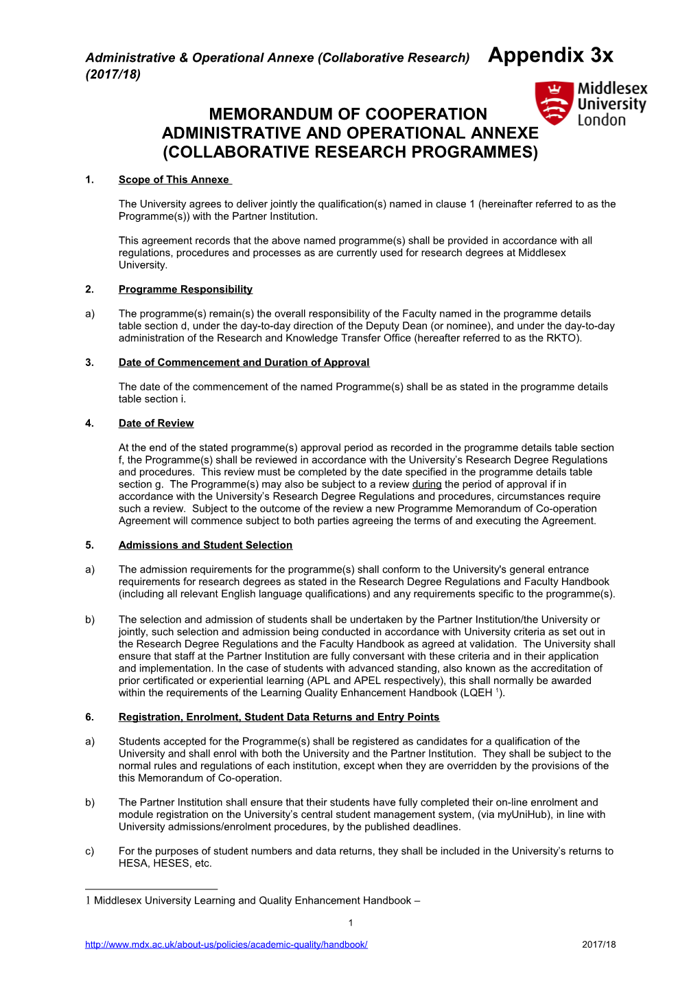 Administrative & Operational Annexe (Collaborative Research) Appendix 3X(2017/18)