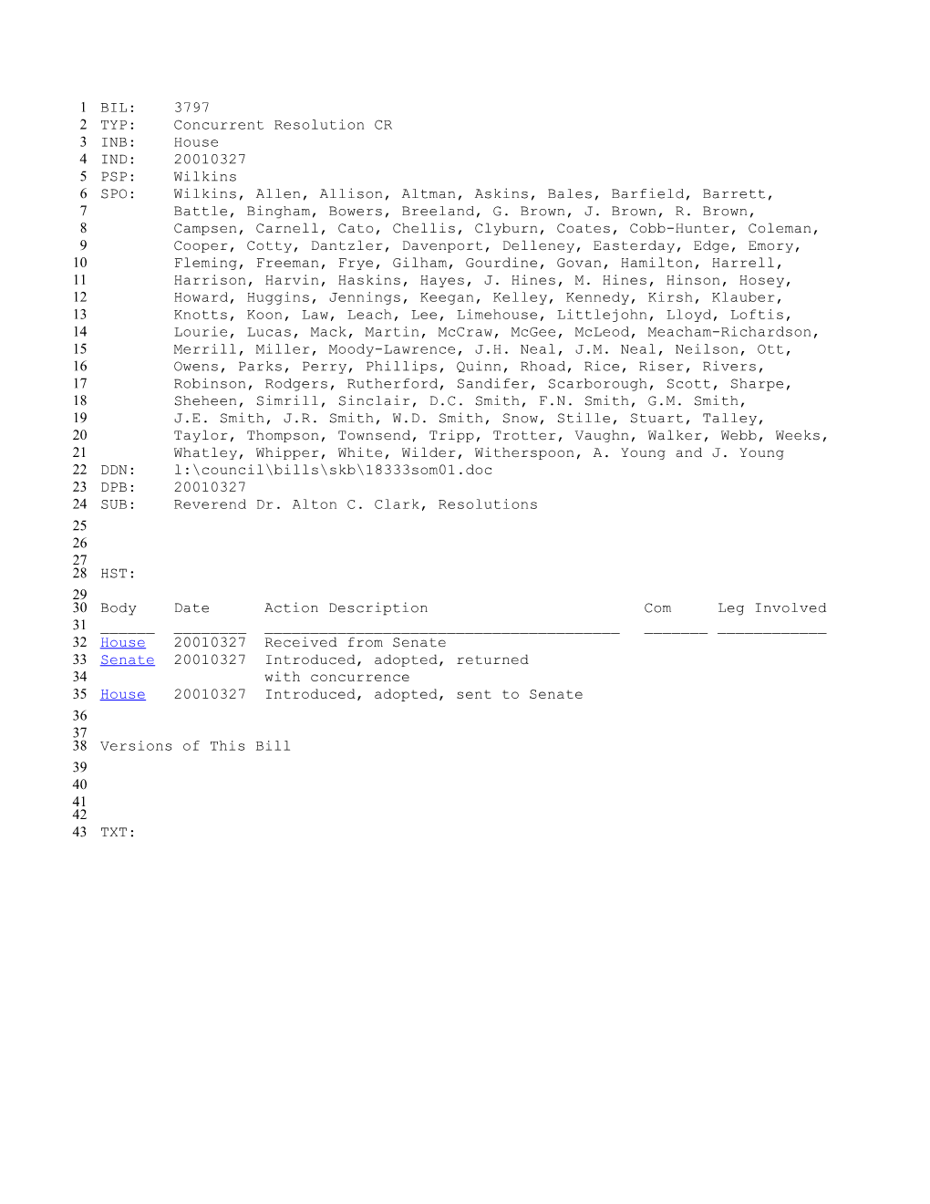 2001-2002 Bill 3797: Reverend Dr. Alton C. Clark, Resolutions - South Carolina Legislature
