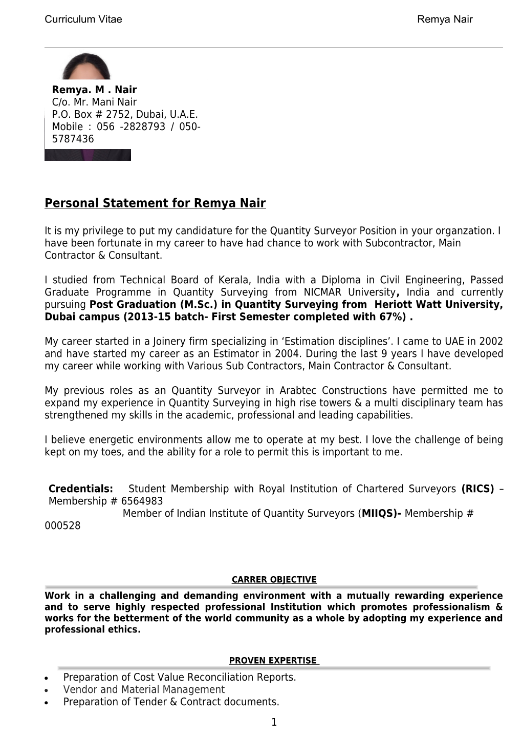 Personal Statement for Remya Nair