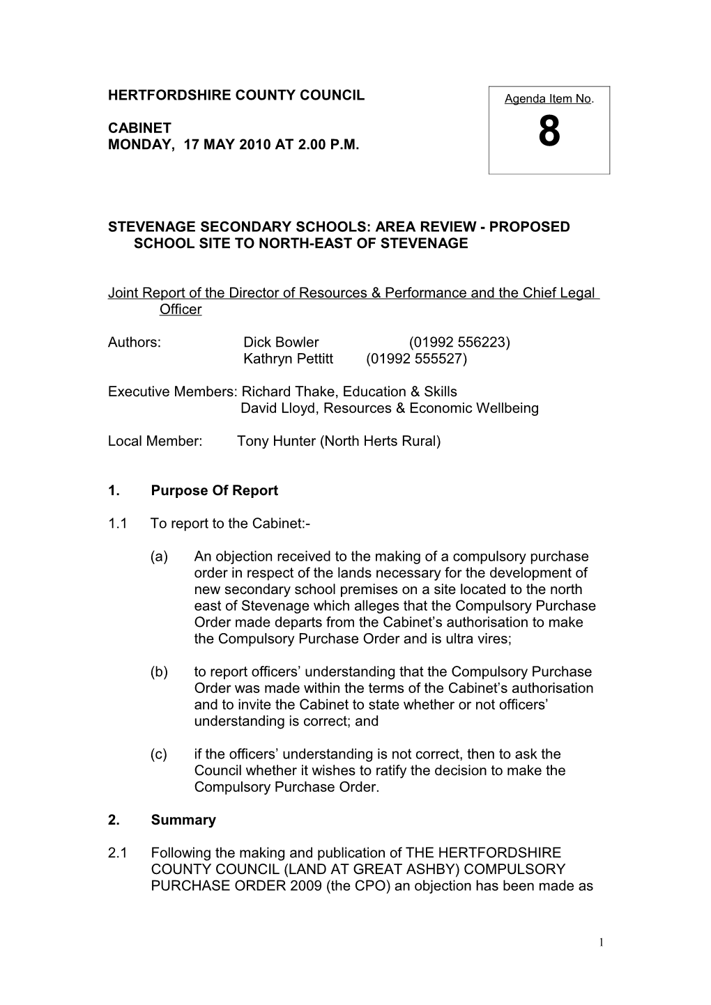 Stevenage Secondary Schools: Area Review - Proposed School Site to North-East of Stevenage