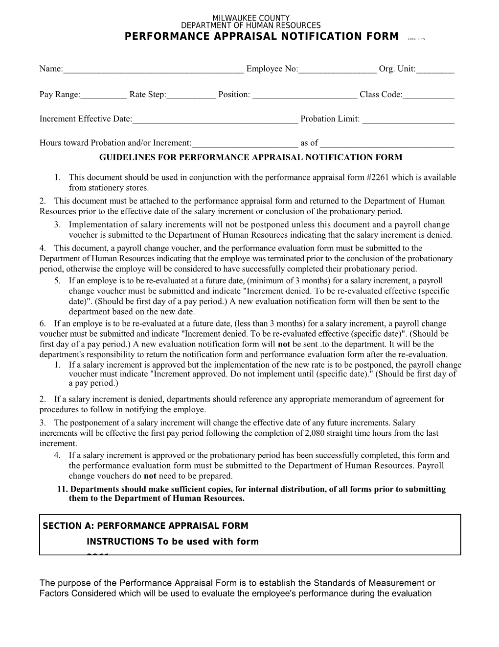 PERFORMANCE APPRAISAL NOTIFICATION FORM 22Ro-1 FN