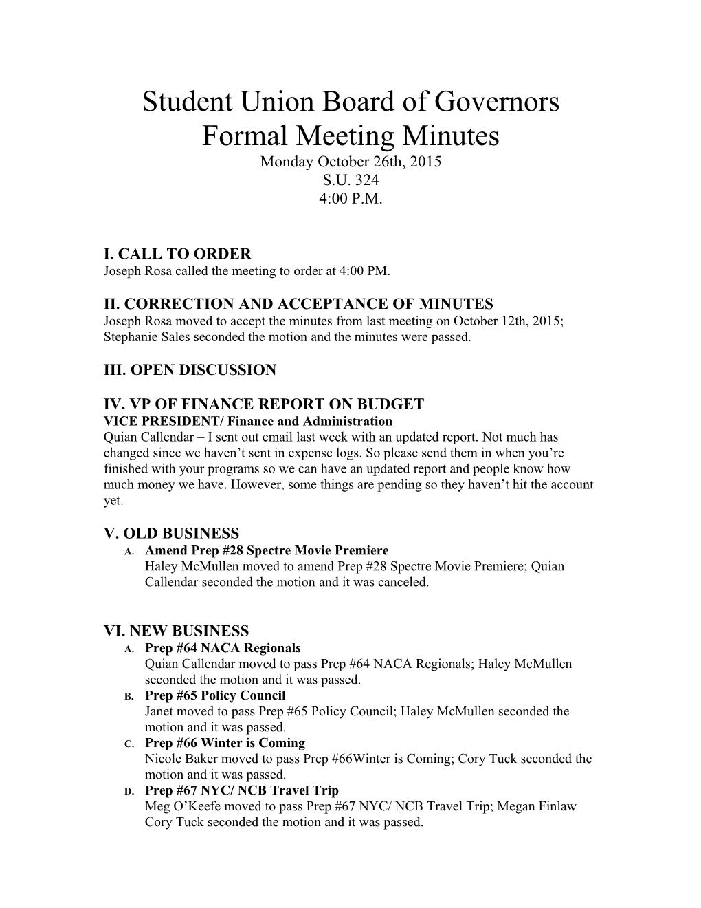 Student Union Board of Governors Formal Meeting Minutes