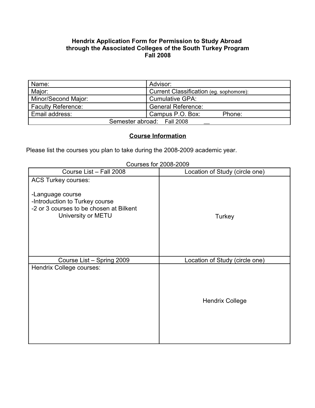 Hendrix Application Form for Permission to Study Abroad