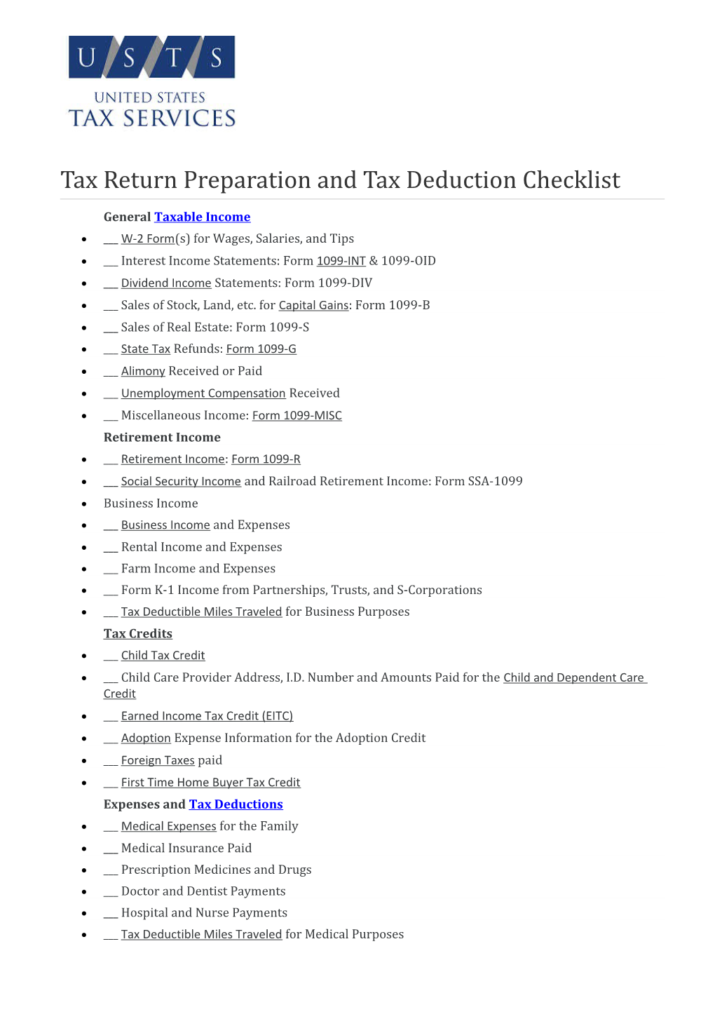 Tax Return Preparation and Tax Deduction Checklist