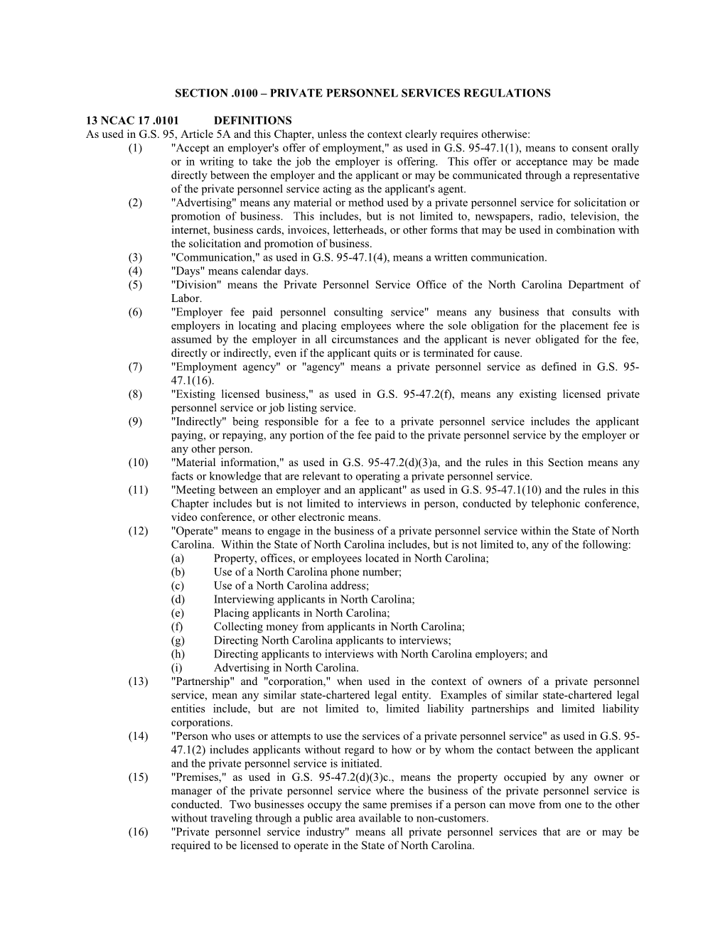 Section .0100 Private Personnel Services Regulations