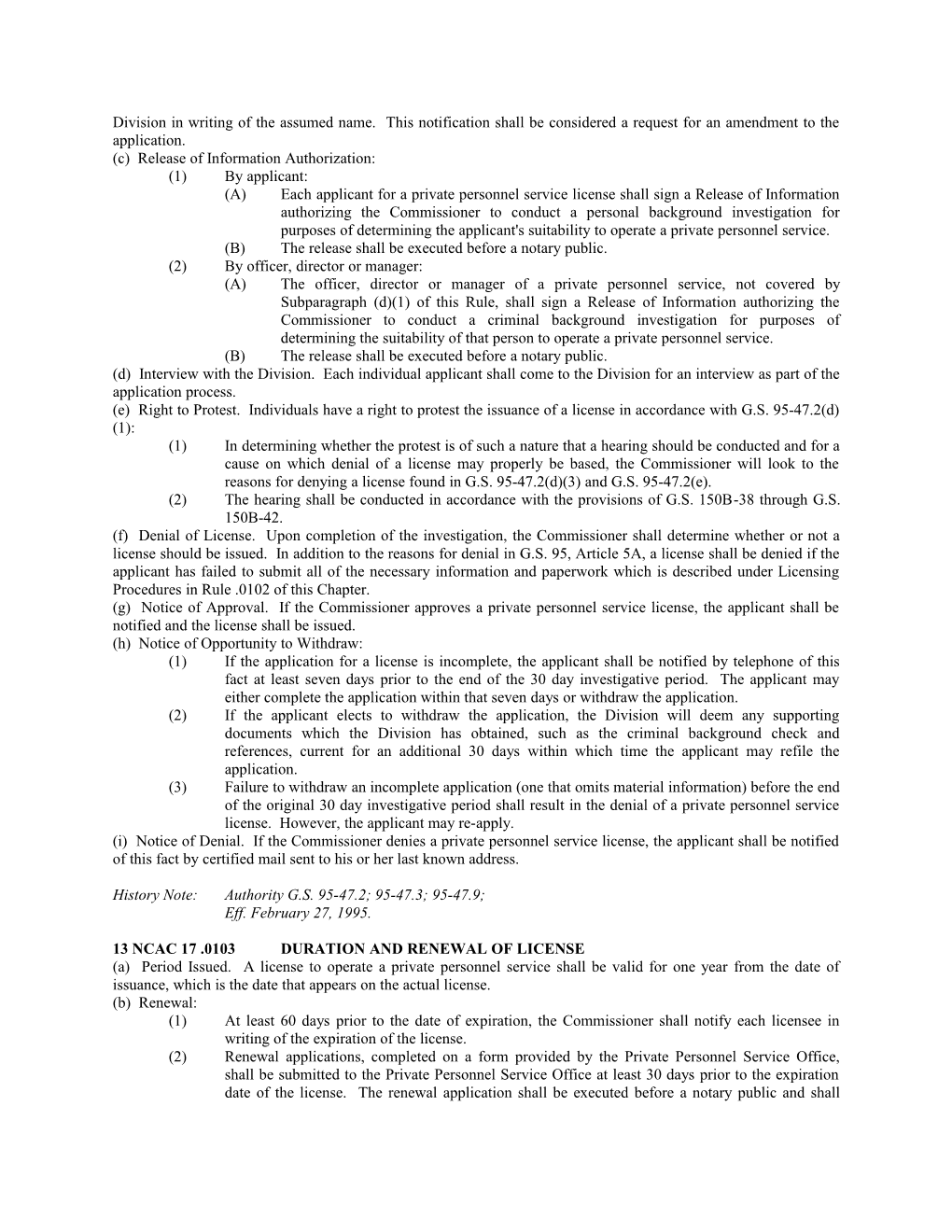 Section .0100 Private Personnel Services Regulations