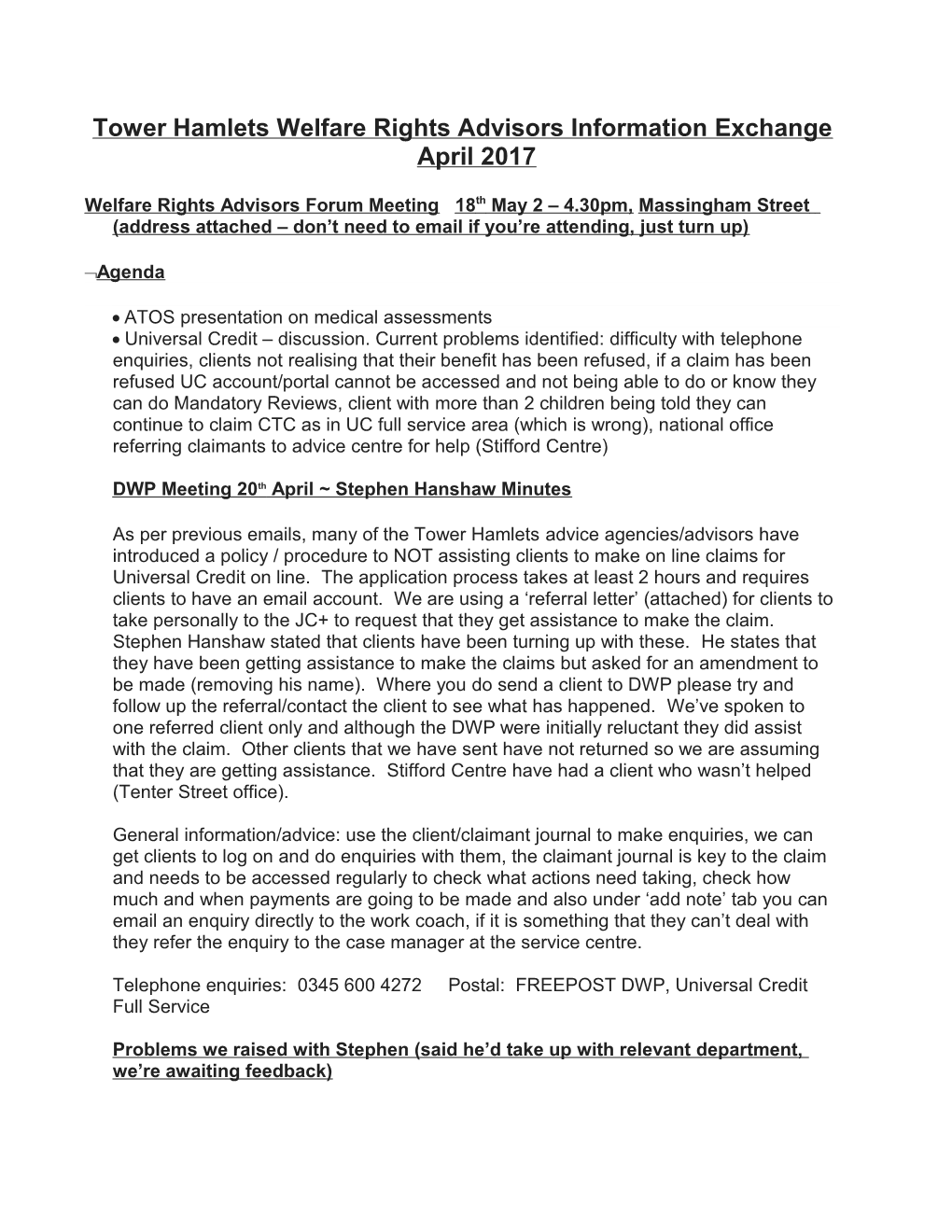 Tower Hamlets Welfare Rights Advisors Information Exchange April 2017
