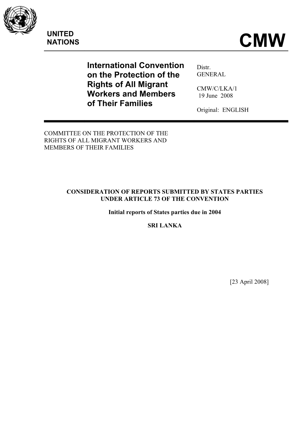 Initial Report of the Government of Sri Lanka Under Article 73 of the International Convention