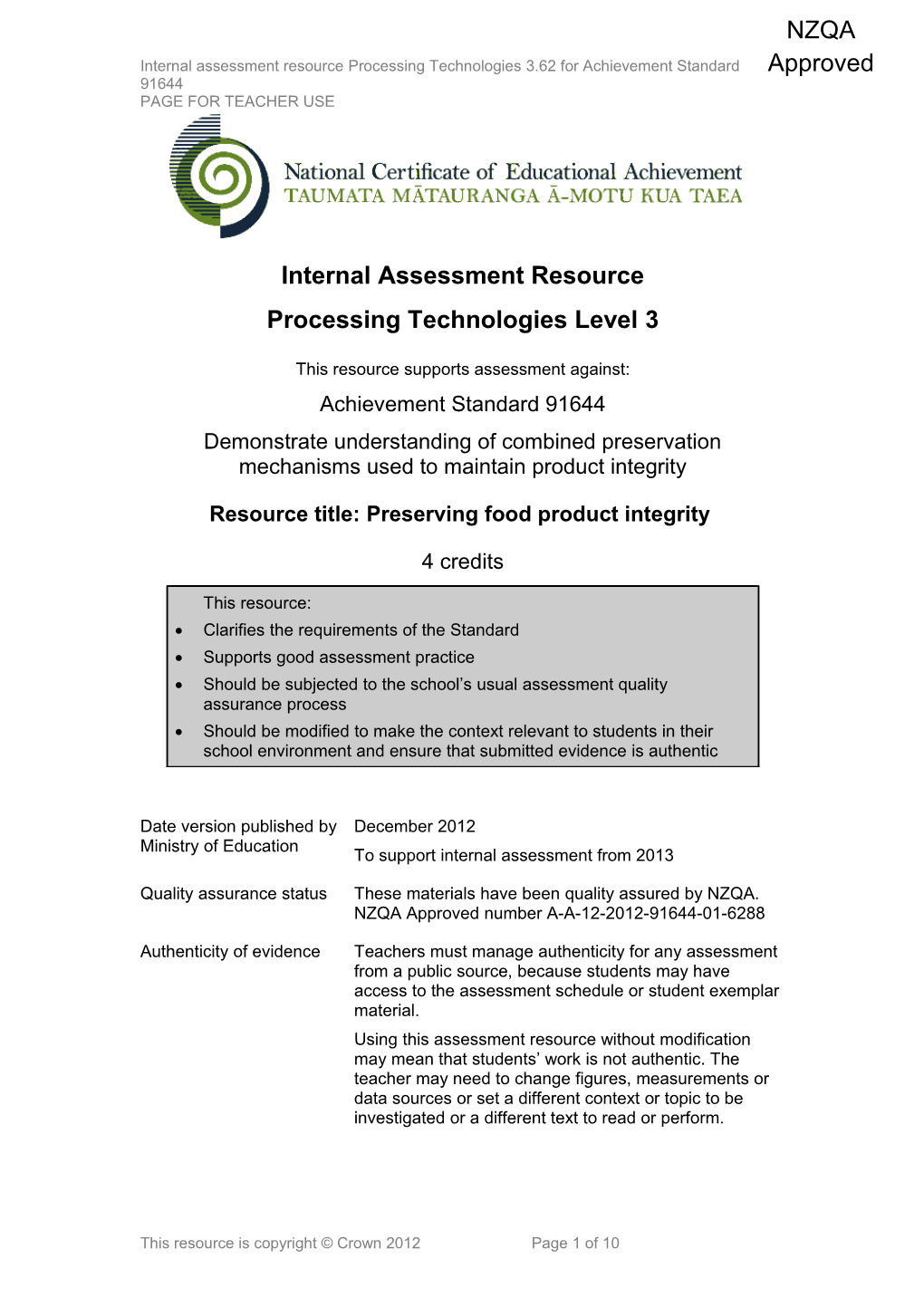 Level 3 Processing Technologies Internal Assessment Resource