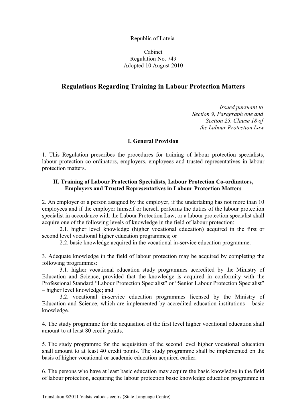 Regulations Regarding Training in Labour Protection Matters