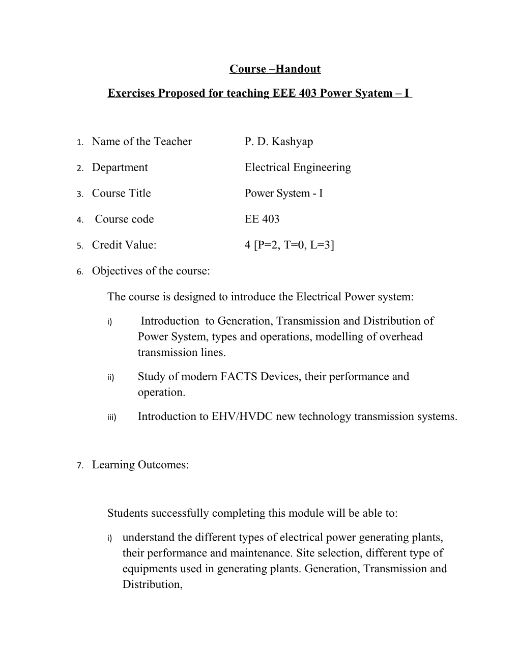 Exercises Proposed for Teaching EEE 403 Power Syatem I