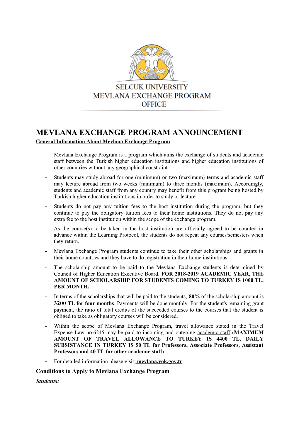 Mevlana Exchange Program Announcement