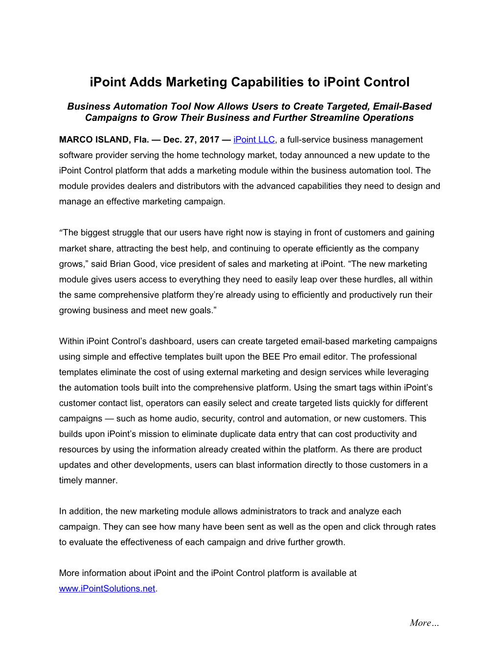 Ipoint Adds Marketing Capabilities to Ipoint Control
