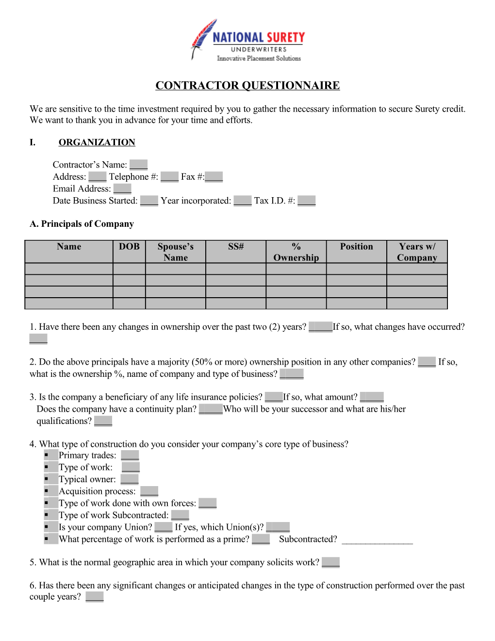 Contractor Questionnaire