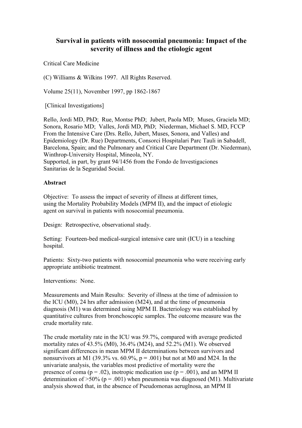 Survival in Patients with Nosocomial Pneumonia: Impact of the Severity of Illness And