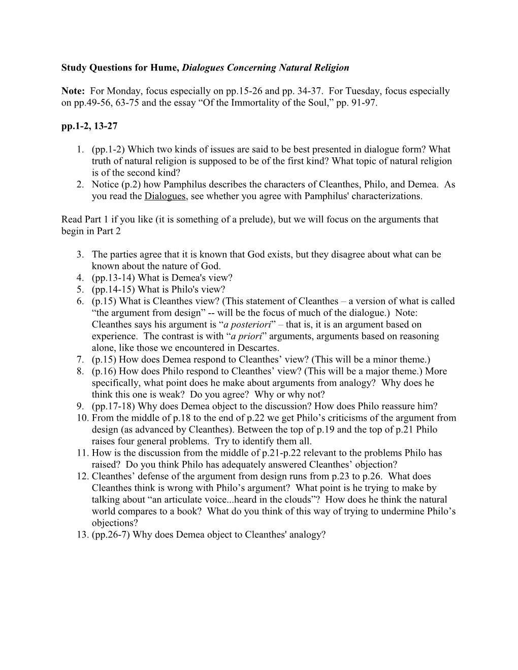 Study Questions for Hume, Dialogues Concerning Natural Religion, Pp1-2, 13-27