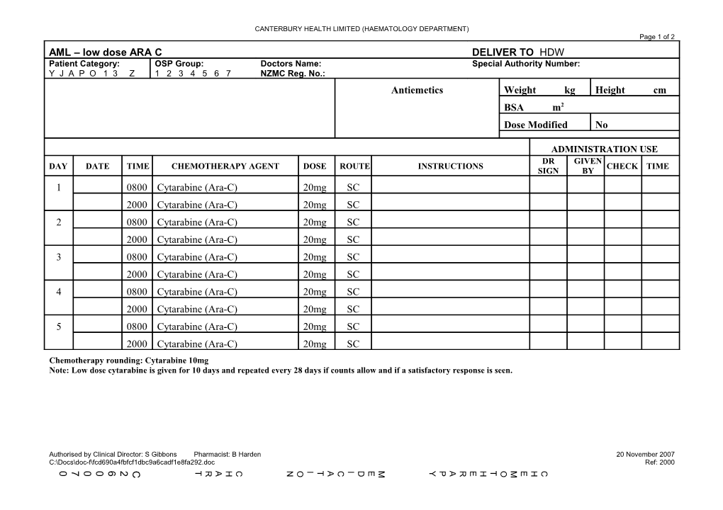 Chemo Charts: AML - Low Dose ARA C