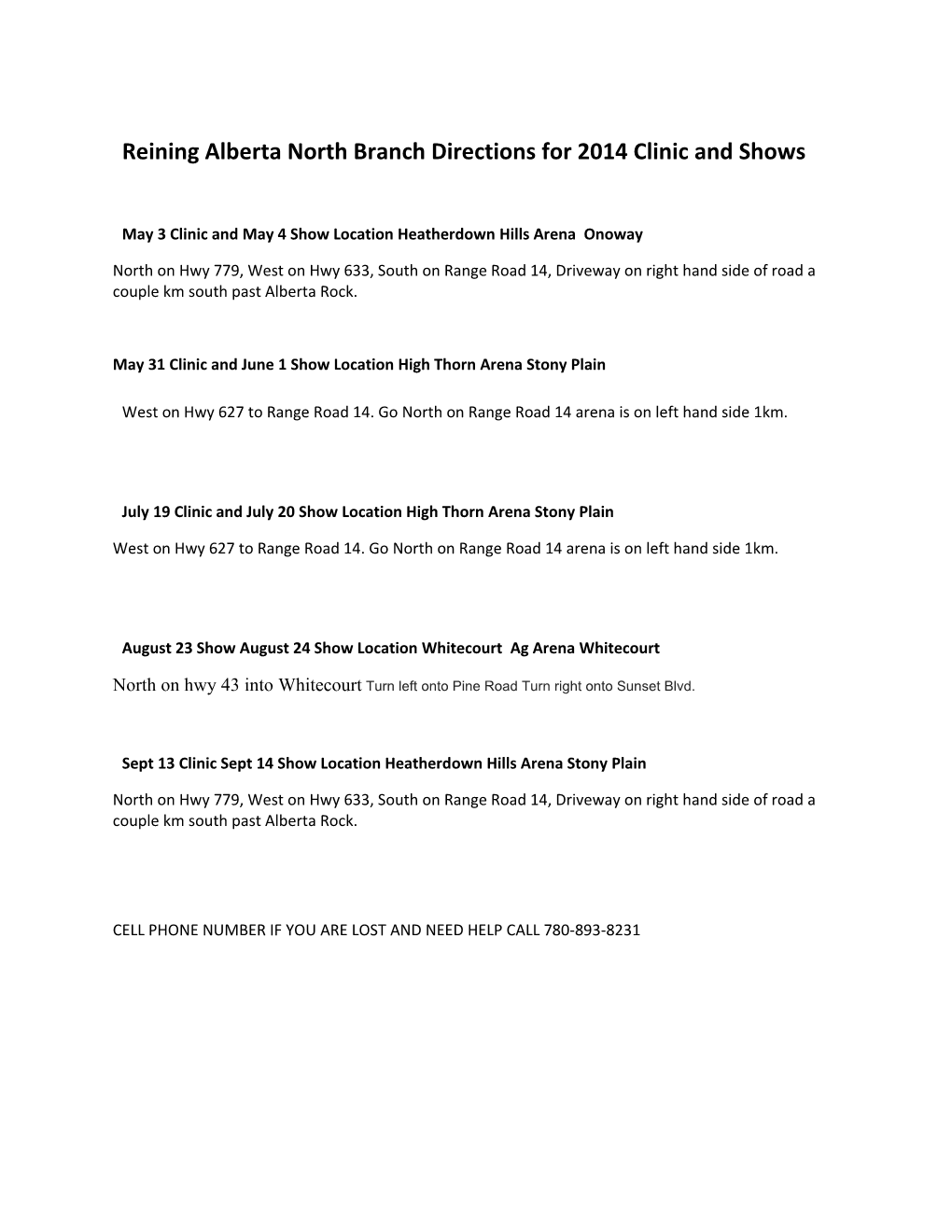 Reining Alberta North Branch Directions for 2014 Clinic and Shows