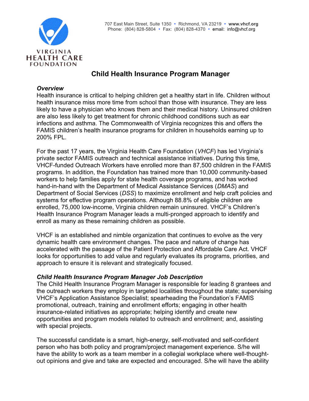 Child Health Insurance Program Manager