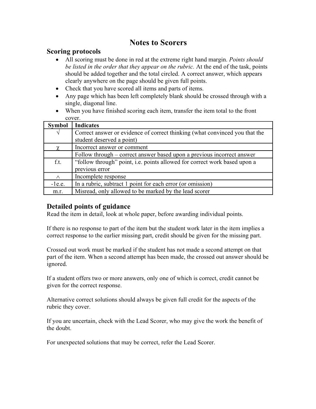 Notes to Scorers