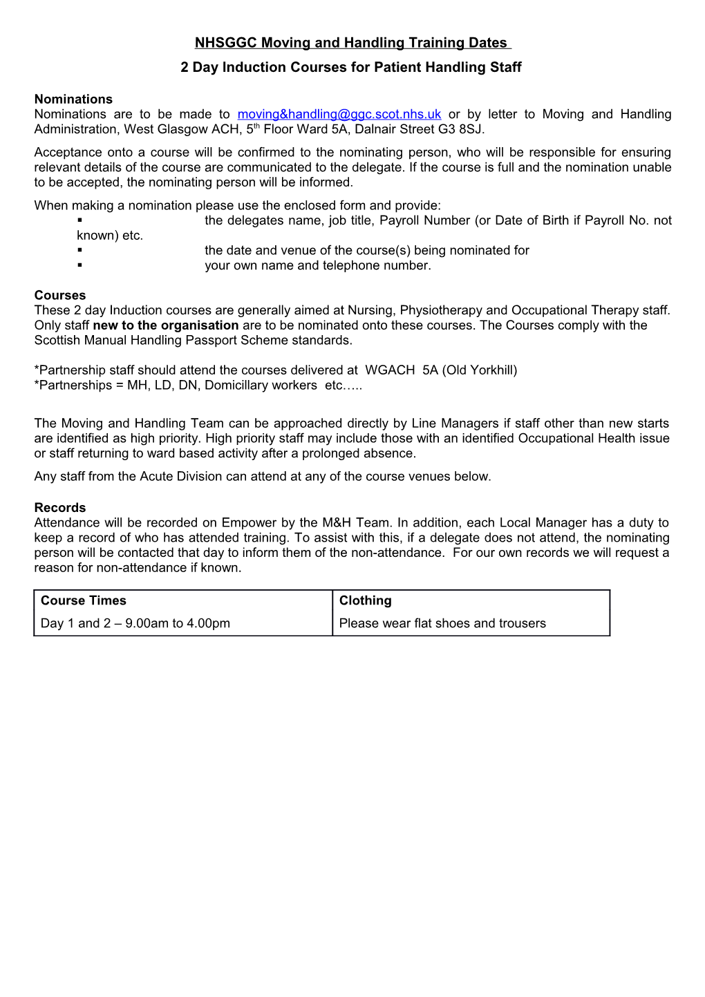 NHSGGC Moving and Handling Training Dates