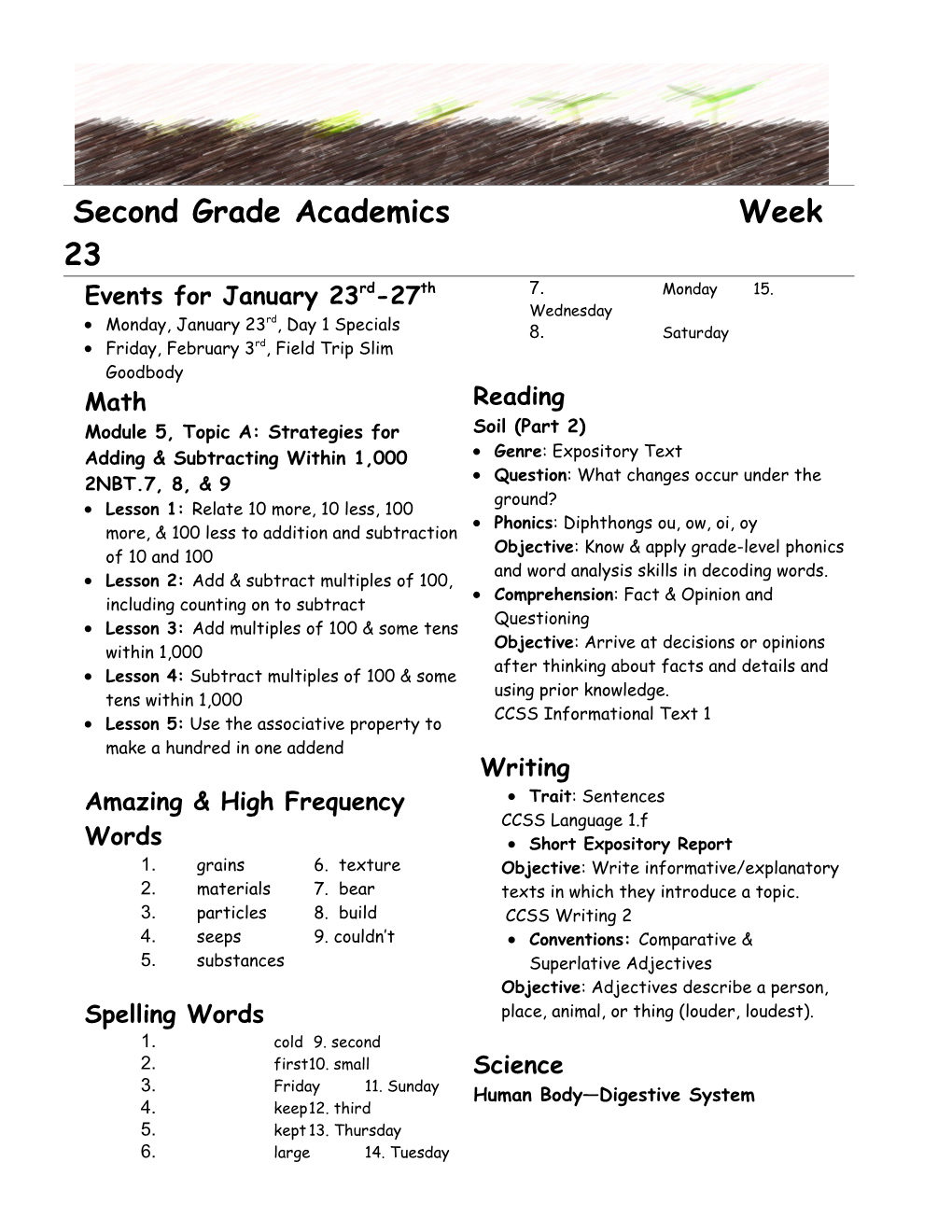 Second Grade Academics Week 23