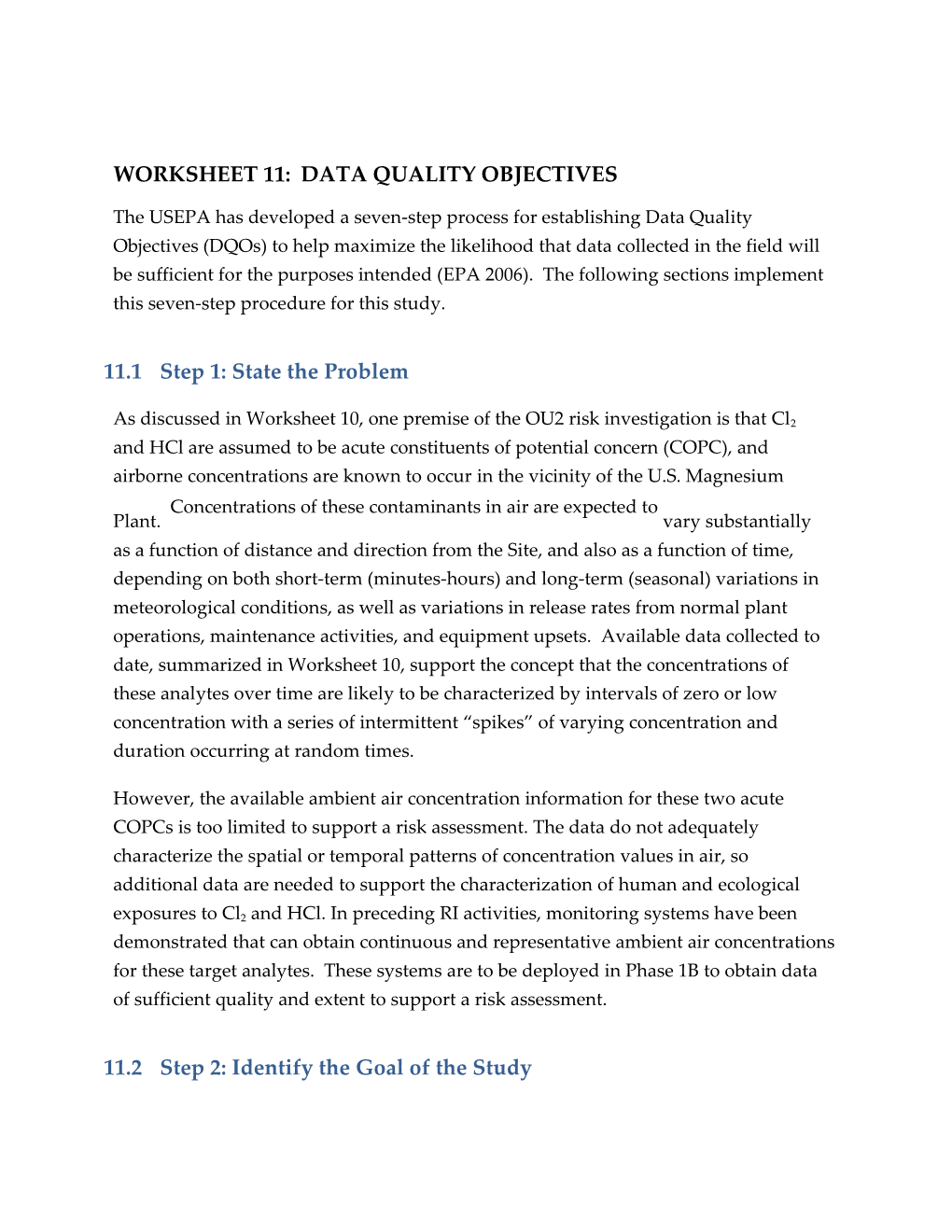 Worksheet 11: Data Quality Objectives