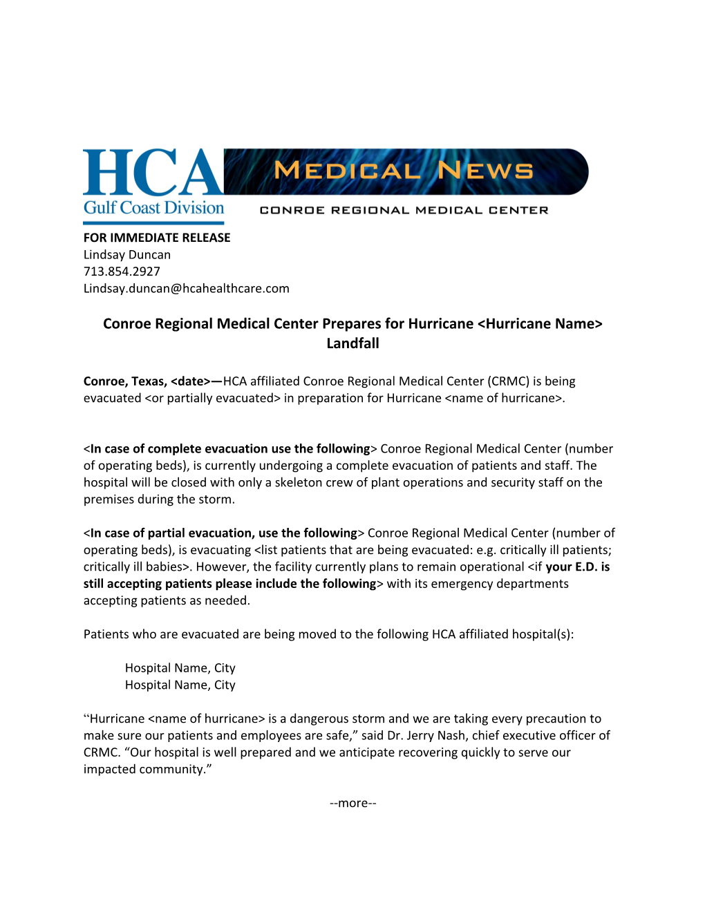 Conroe Regional Medical Center Prepares for Hurricane &lt;Hurricane Name&gt; Landfall