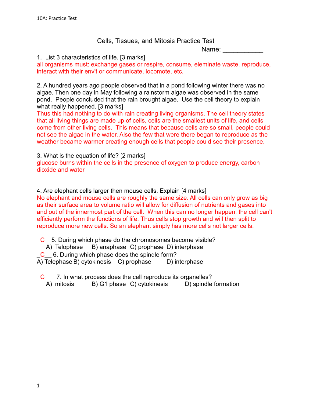 Cells, Tissues, and Mitosis Practice Test