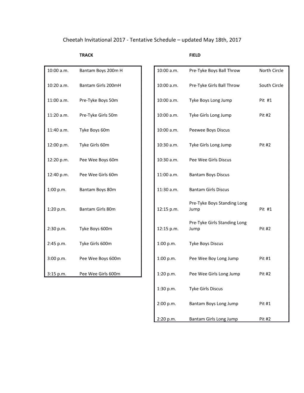 Cheetah Invitational 2017 - Tentative Schedule Updated May 18Th, 2017