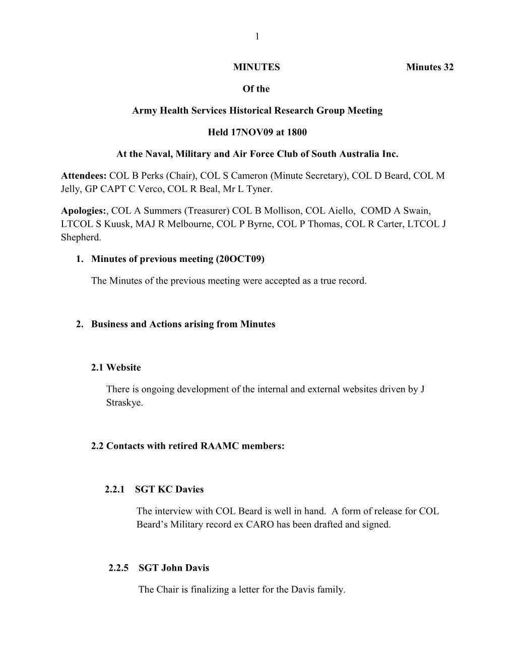 Army Health Services Historical Research Group Meeting