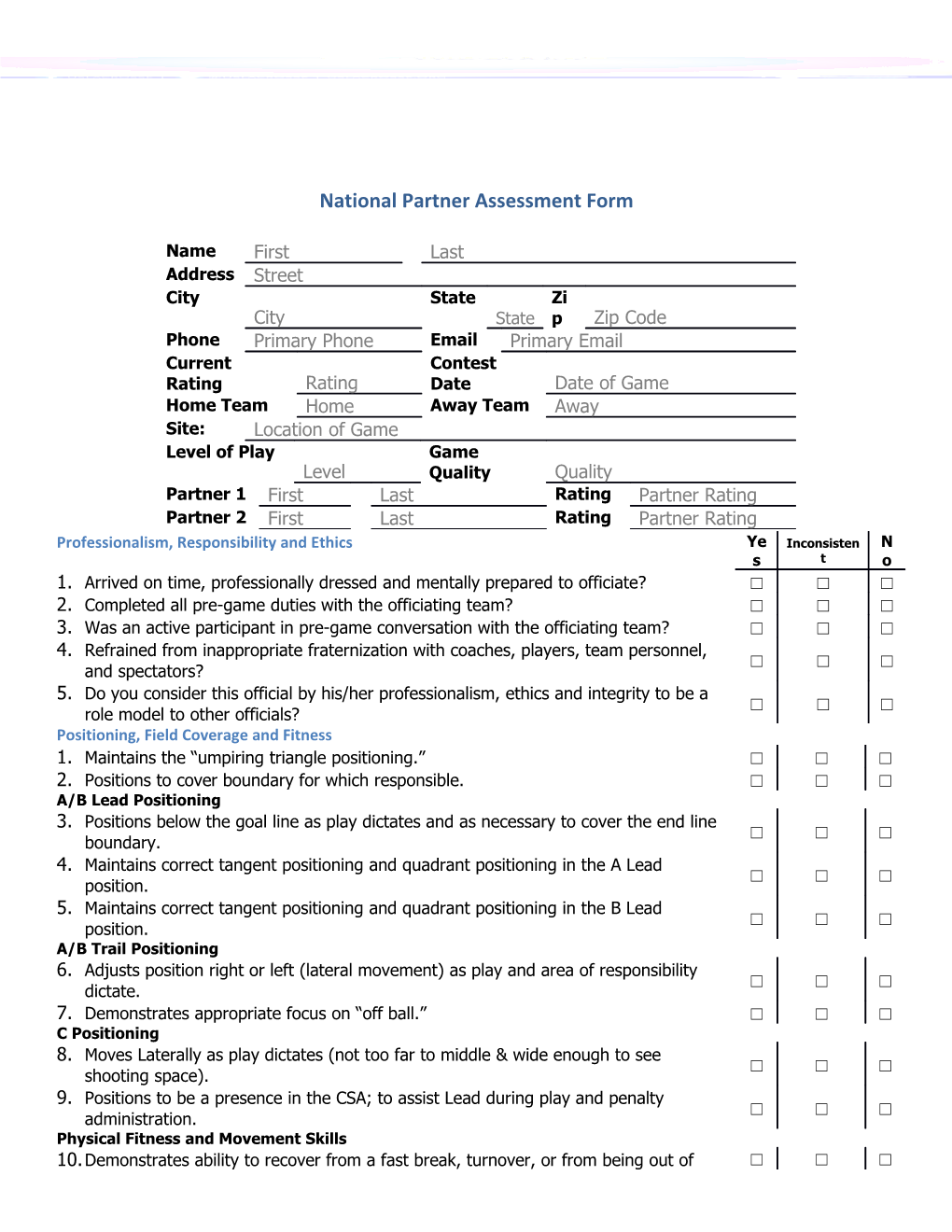 National Partner Assessment Form