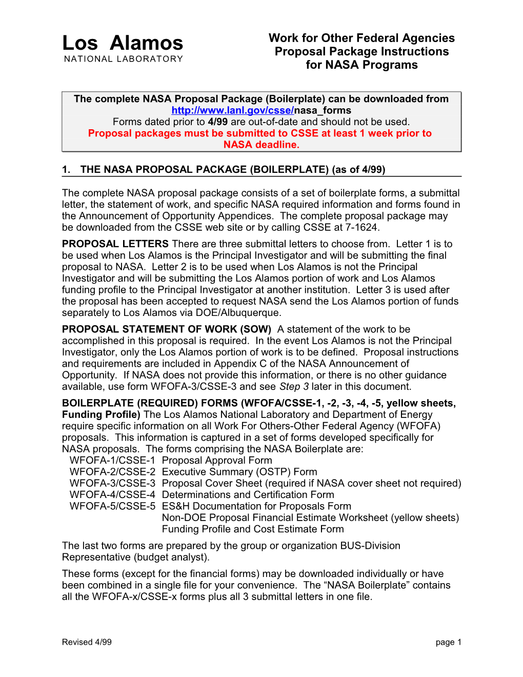 The Complete NASA Proposal Package (Boilerplate) Can Be Downloaded From