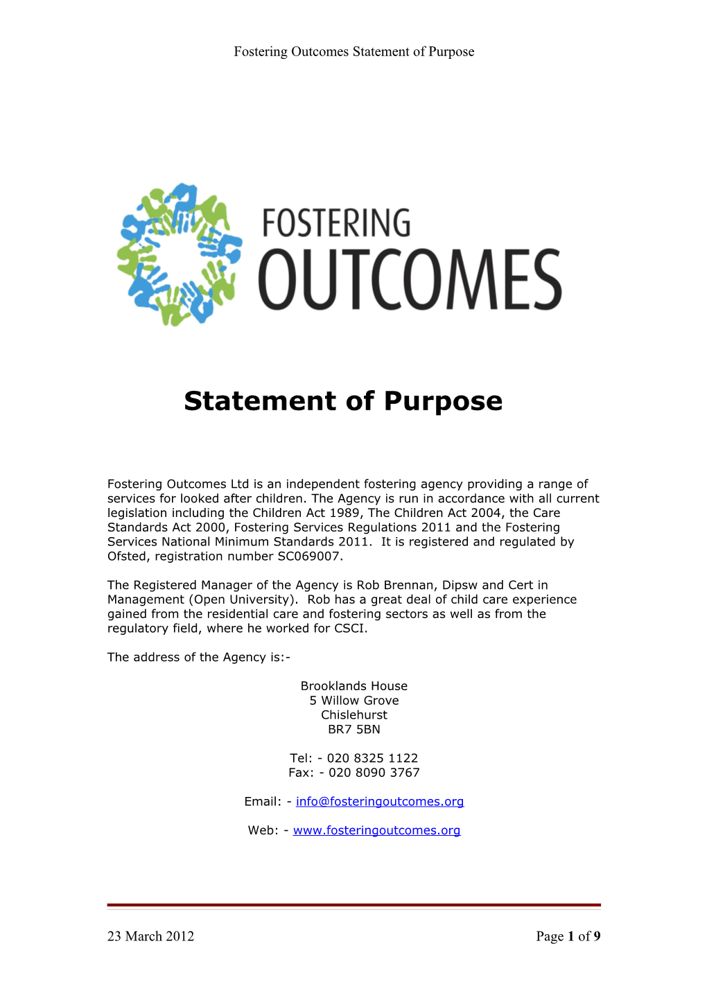 Fostering Outcomes Statement of Purpose