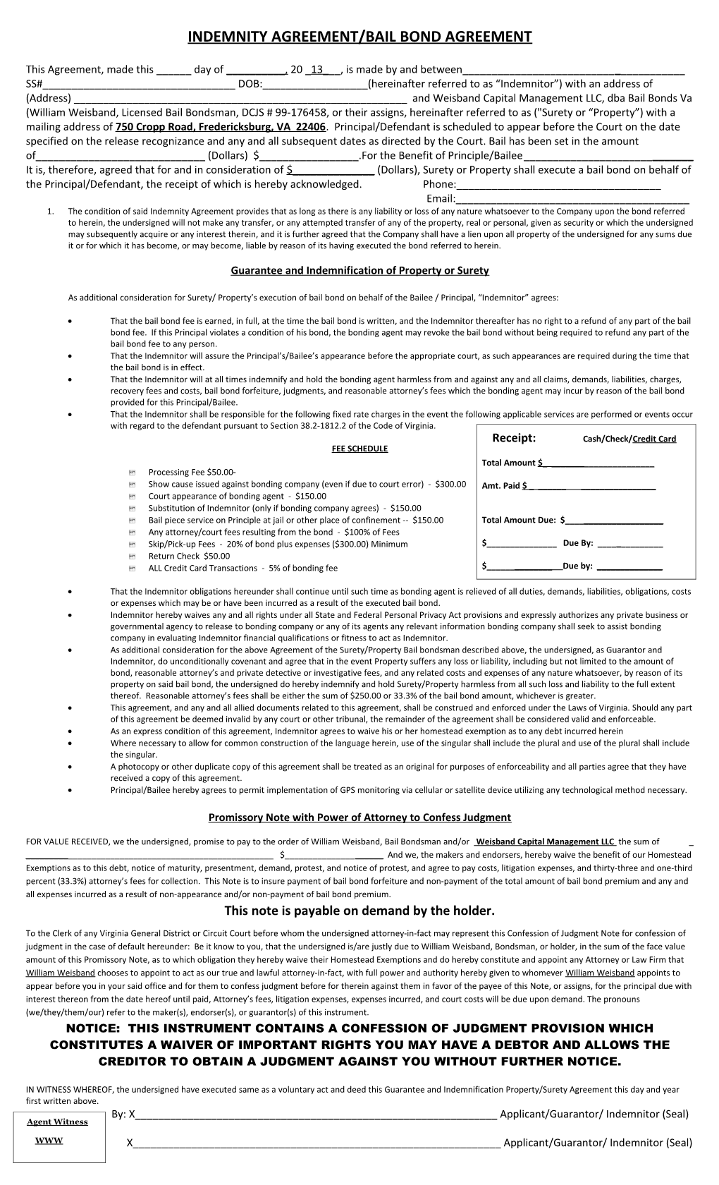 Indemnity Agreement/Bail Bond Agreement