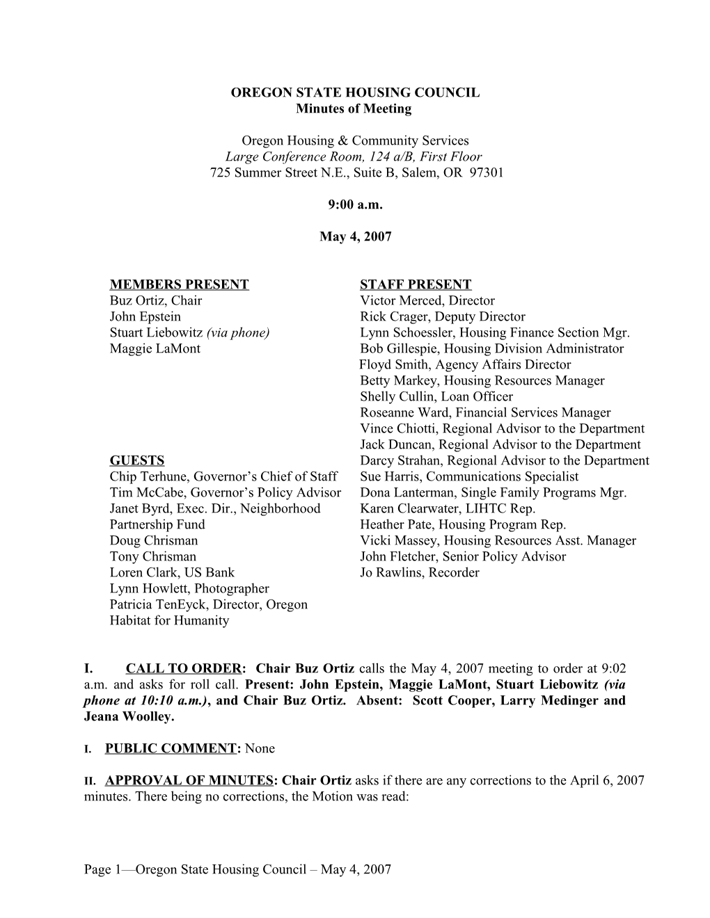 05-04-2007 State Housing Council Meeting Minutes