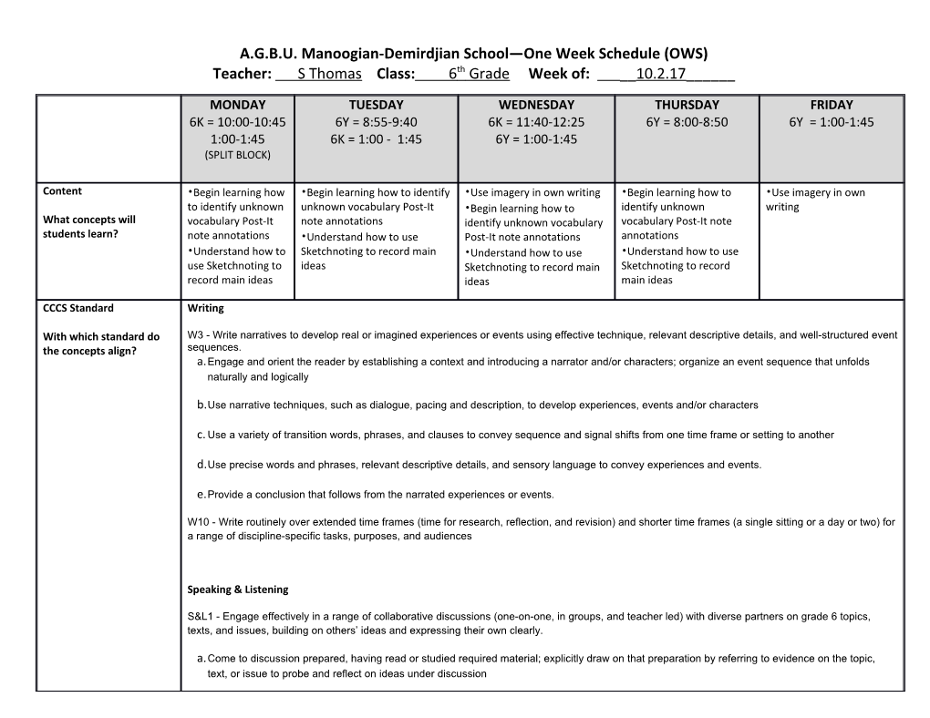 A.G.B.U. Manoogian-Demirdjian School One Week Schedule (OWS) s5