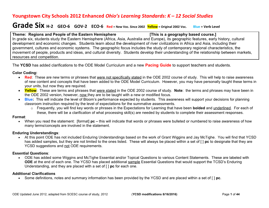 Youngstown City Schools 2012 Enhanced Ohio S Learning Standards: K 12 Social Studies