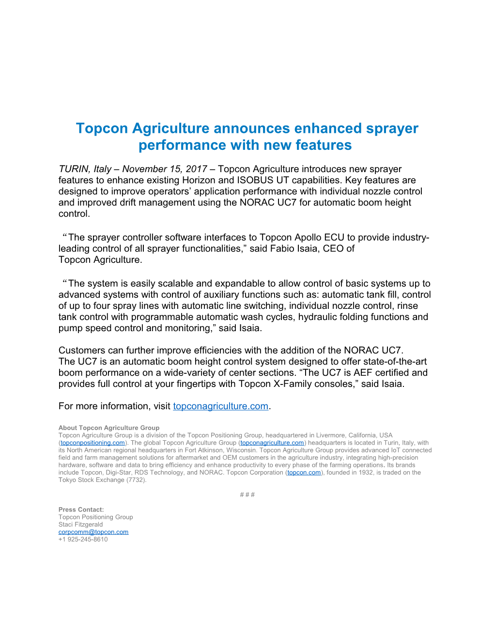 Topcon Agriculture Announces Enhanced Sprayer Performance with New Features