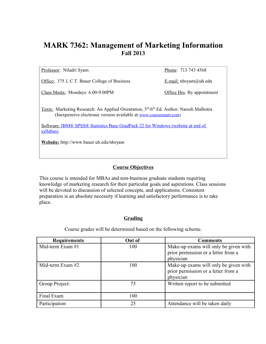 MARK 7362: Management of Marketing Information