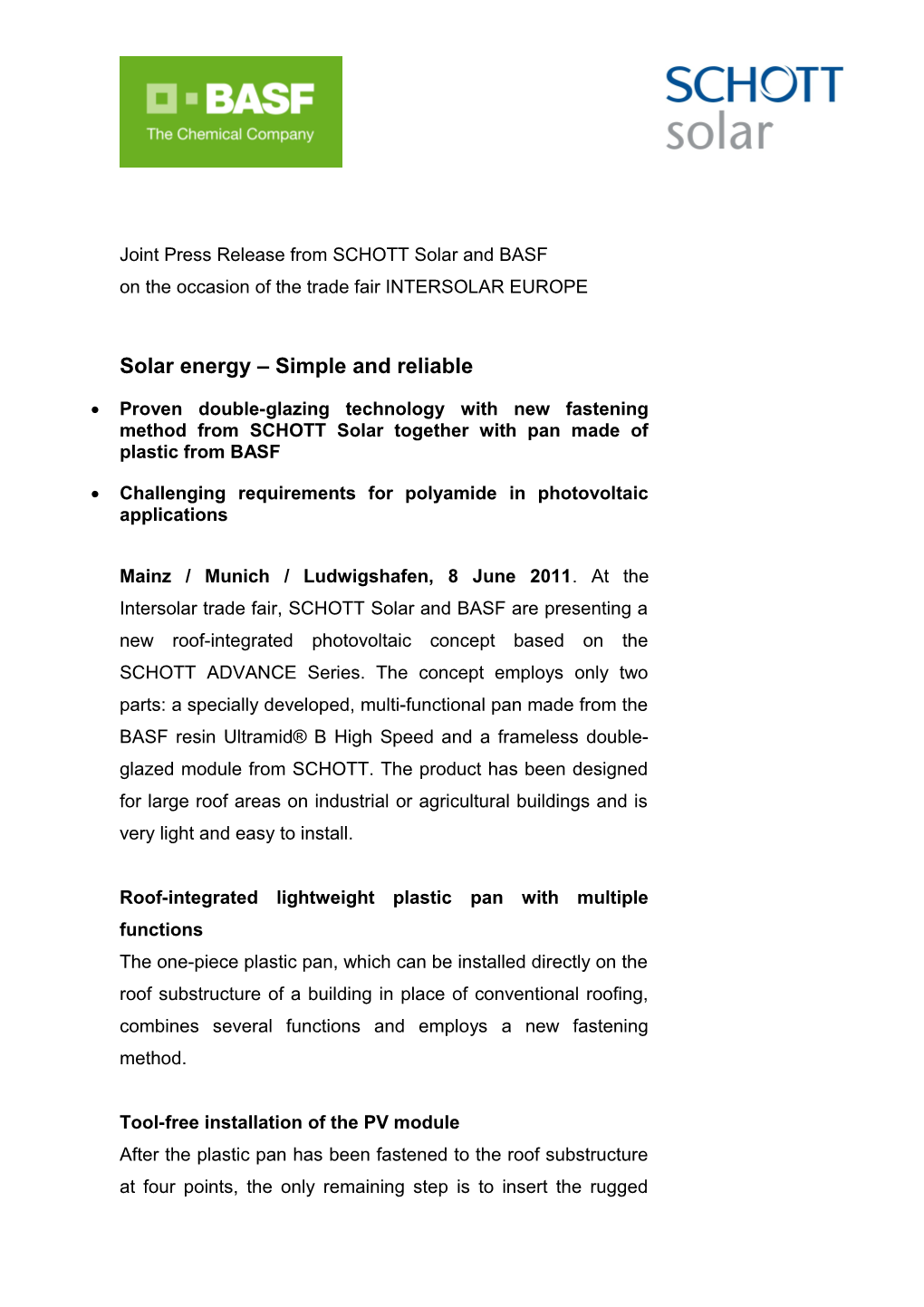 Joint Press Release from SCHOTT Solar and BASF