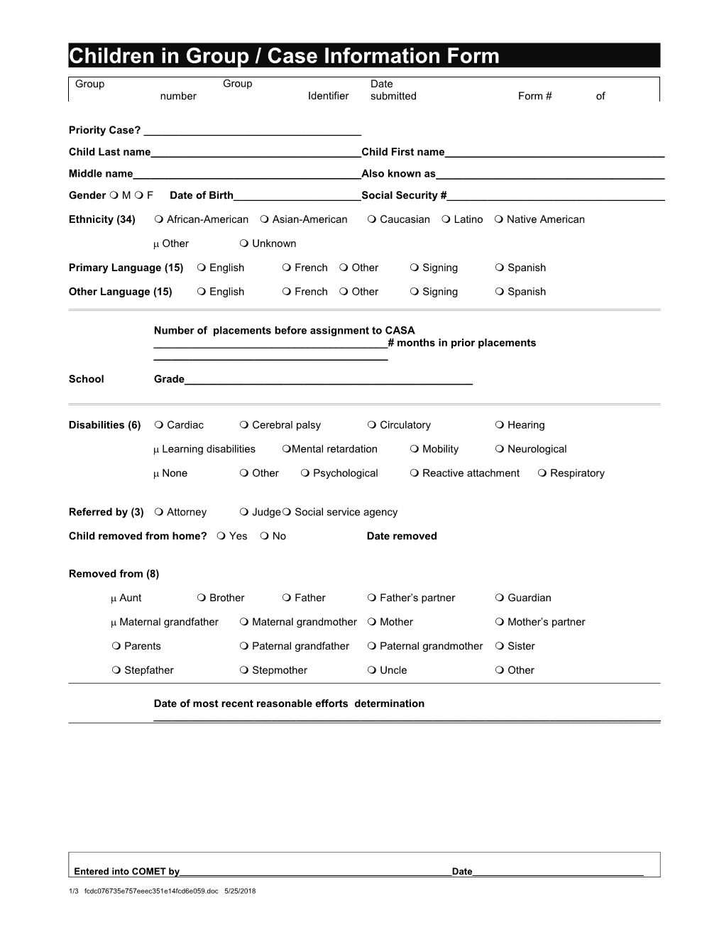 Children in Group / Case Information Form