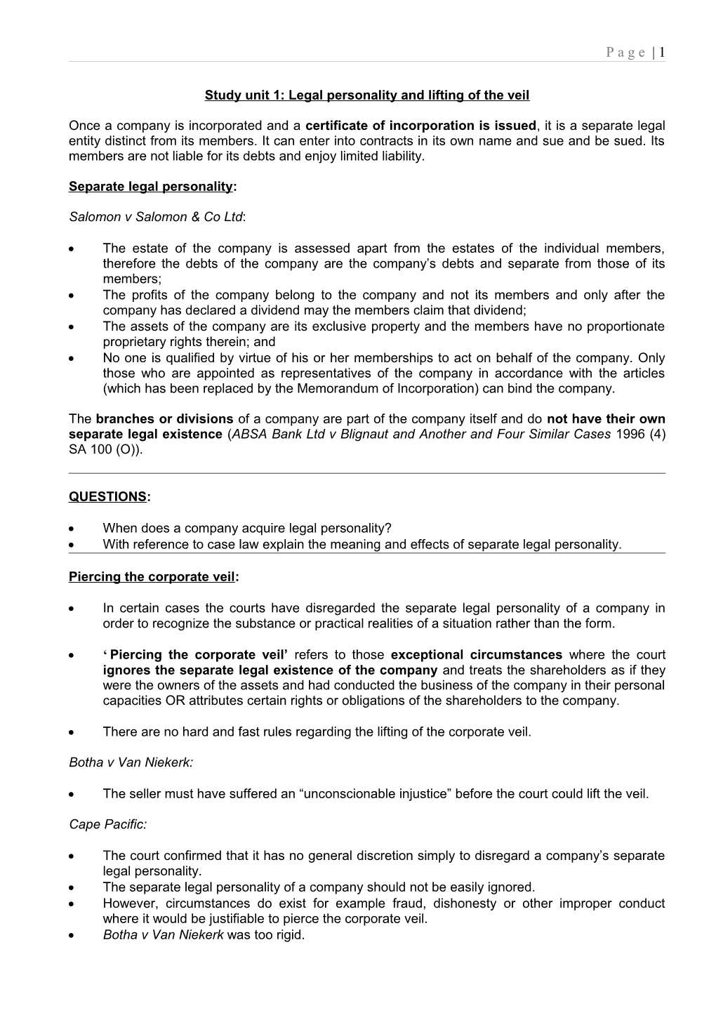 Study Unit 1: Legal Personality and Lifting of the Veil